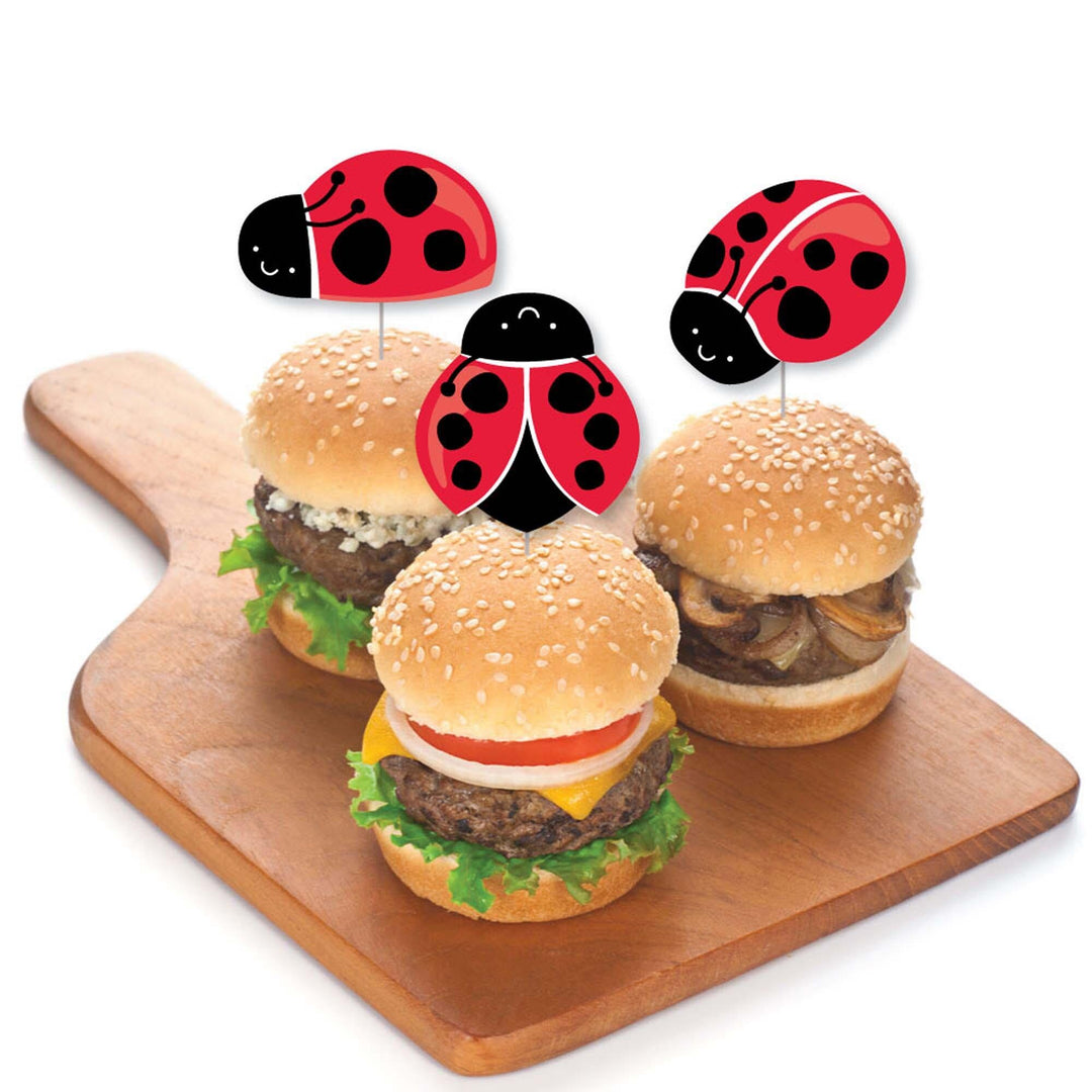 Happy Little Ladybug - Dessert Cupcake Toppers - Baby Shower or Birthday Party Clear Treat Picks - Set of 24