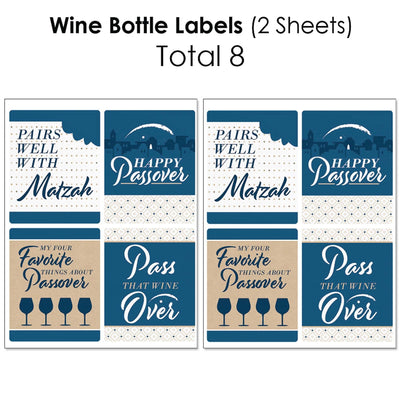 Happy Passover - Mini Wine Bottle Labels, Wine Bottle Labels and Water Bottle Labels - Pesach Jewish Holiday Party Decorations - Beverage Bar Kit - 34 Pieces