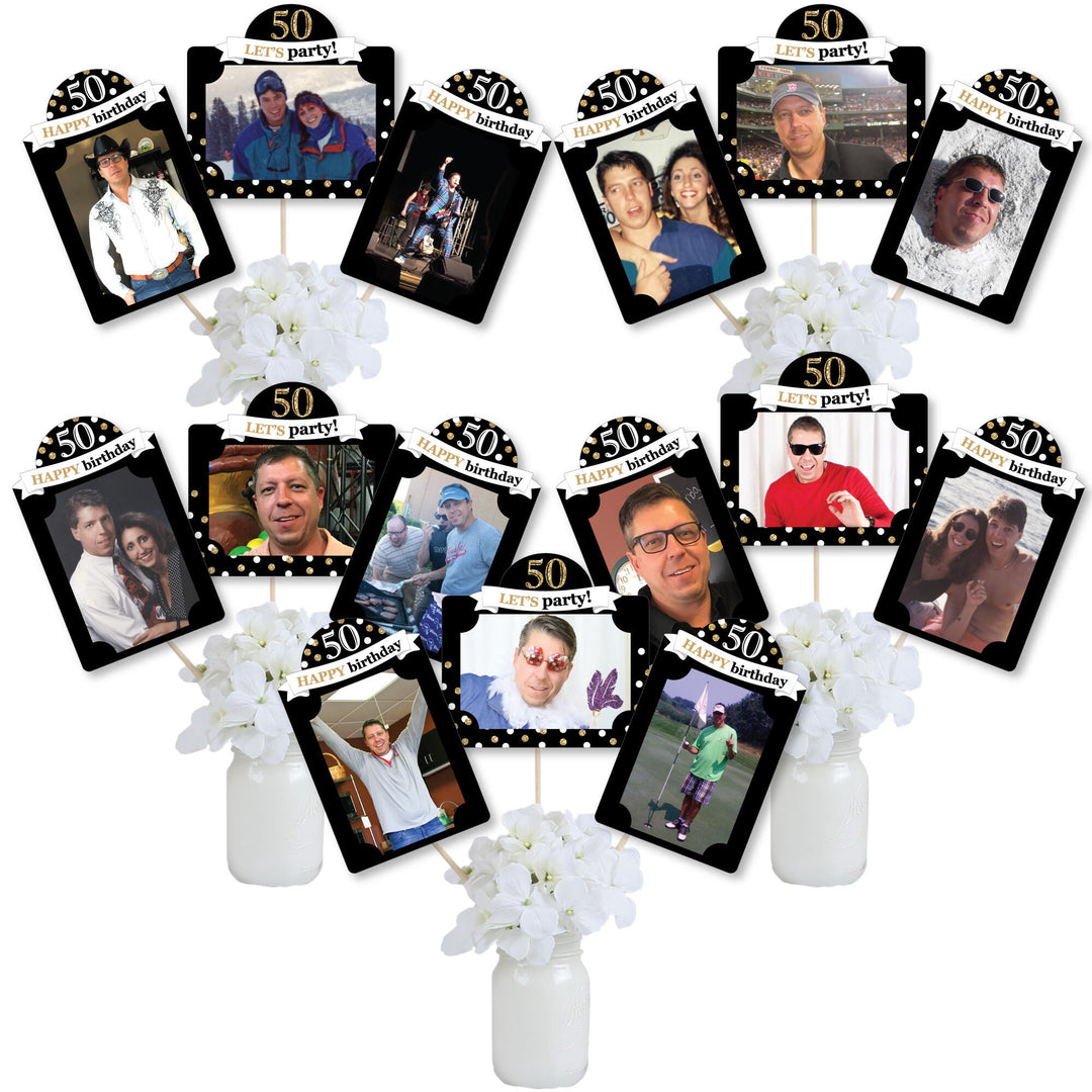 Adult 50th Birthday - Gold - Birthday Party Picture Centerpiece Sticks - Photo Table Toppers - 15 Pieces