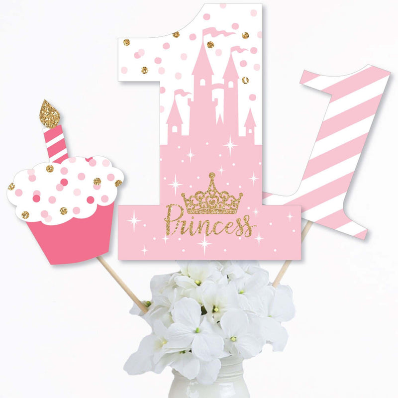 1st Birthday Little Princess Crown - Pink and Gold Princess First Birthday Party Centerpiece Sticks - Table Toppers - Set of 15