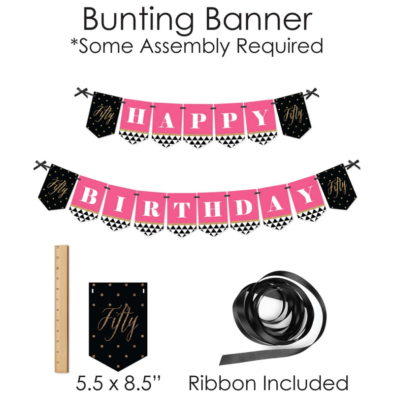 Chic 50th Birthday - Pink, Black and Gold - Banner and Photo Booth Decorations - Birthday Party Supplies Kit - Doterrific Bundle