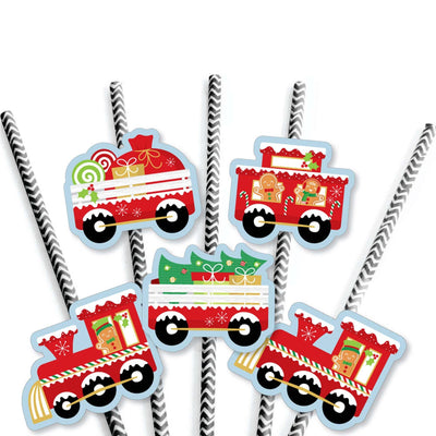 Christmas Train - Paper Straw Decor - Holiday Party Striped Decorative Straws - Set of 24