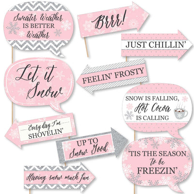 Funny Pink Winter Wonderland - 10 Piece Holiday Snowflake Birthday Party and Baby Shower Photo Booth Props Kit