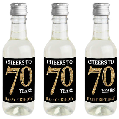 Adult 70th Birthday - Gold - Mini Wine and Champagne Bottle Label Stickers - Birthday Party Favor Gift - For Women and Men - Set of 16