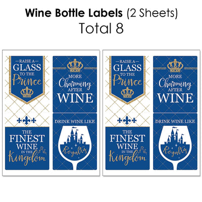 Royal Prince Charming - Mini Wine Bottle Labels, Wine Bottle Labels and Water Bottle Labels - Baby Shower or Birthday Party Decorations - Beverage Bar Kit - 34 Pieces