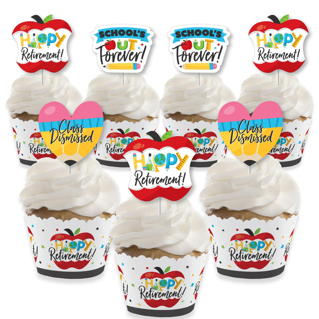 A set of cupcake decoration kits for a teacher's retirement party, including wrappers and treat picks with various educational-themed graphics.