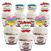 A set of cupcake decoration kits for a teacher's retirement party, including wrappers and treat picks with various educational-themed graphics.