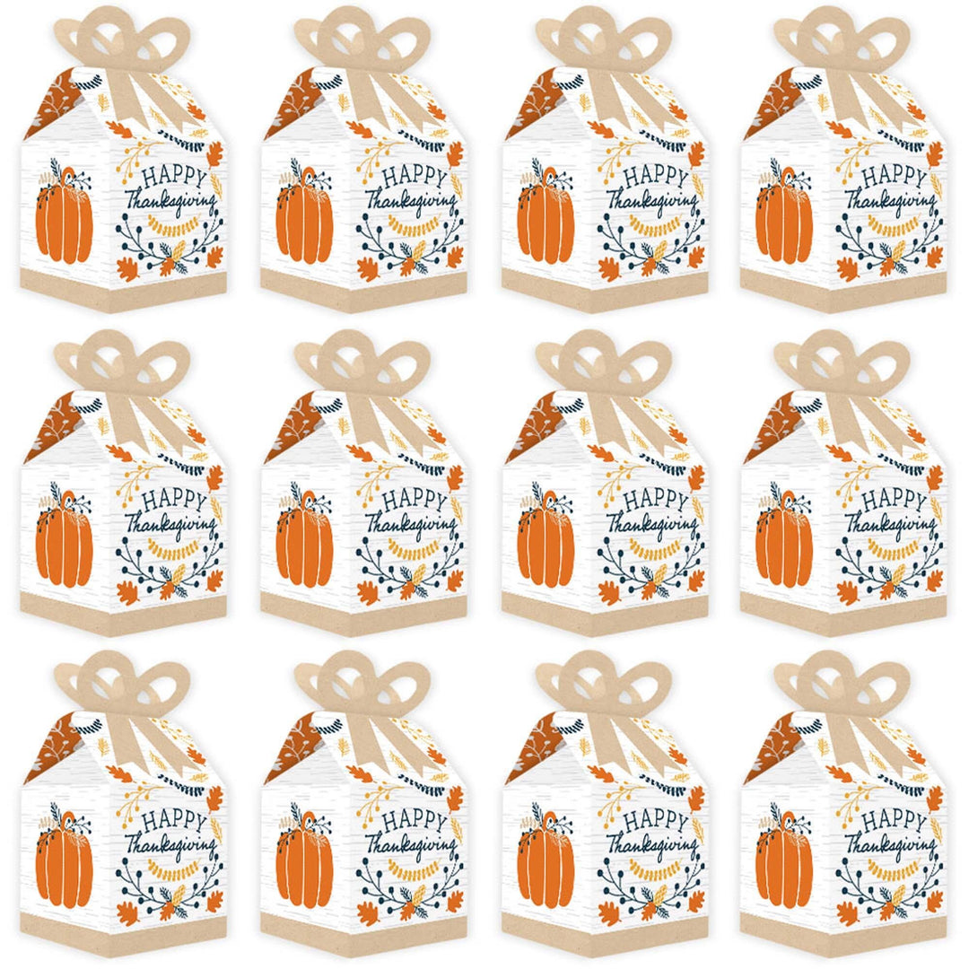 Happy Thanksgiving - Square Favor Gift Boxes - Fall Harvest Party Bow Boxes - Set of 12