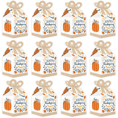 Happy Thanksgiving - Square Favor Gift Boxes - Fall Harvest Party Bow Boxes - Set of 12