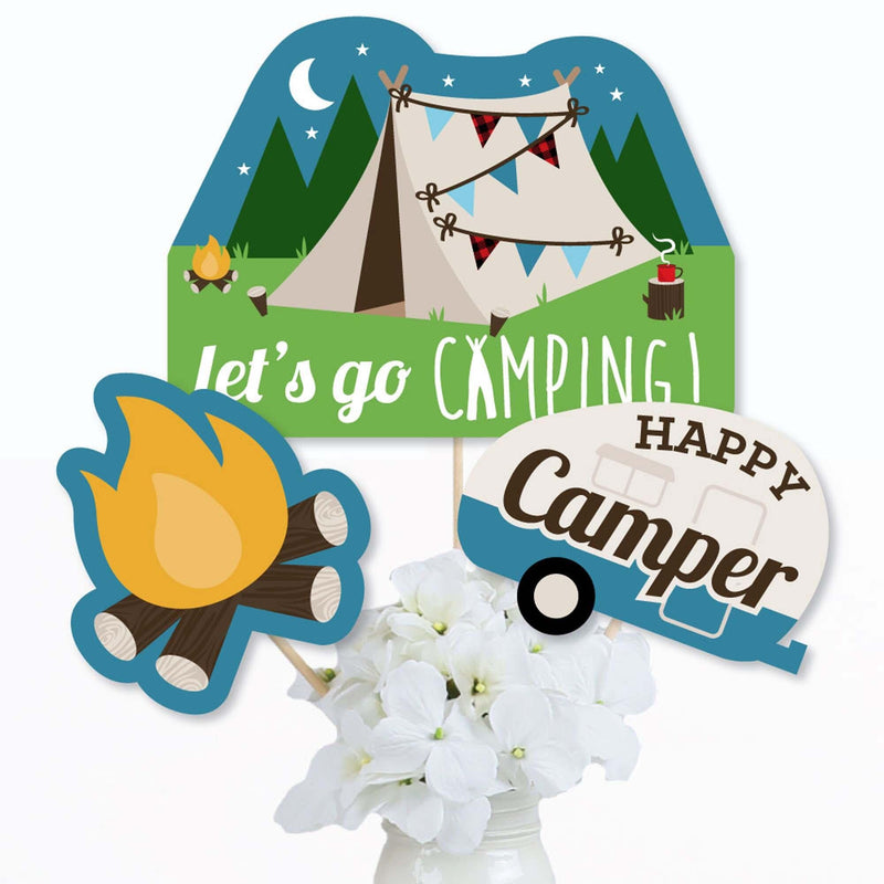 Happy Camper - Camping Baby Shower or Birthday Party Centerpiece Sticks - Table Toppers - Set of 15