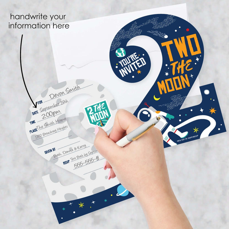 2nd Birthday Two the Moon - Shaped Fill-In Invitations - Outer Space Second Birthday Party Invitation Cards with Envelopes - Set of 12