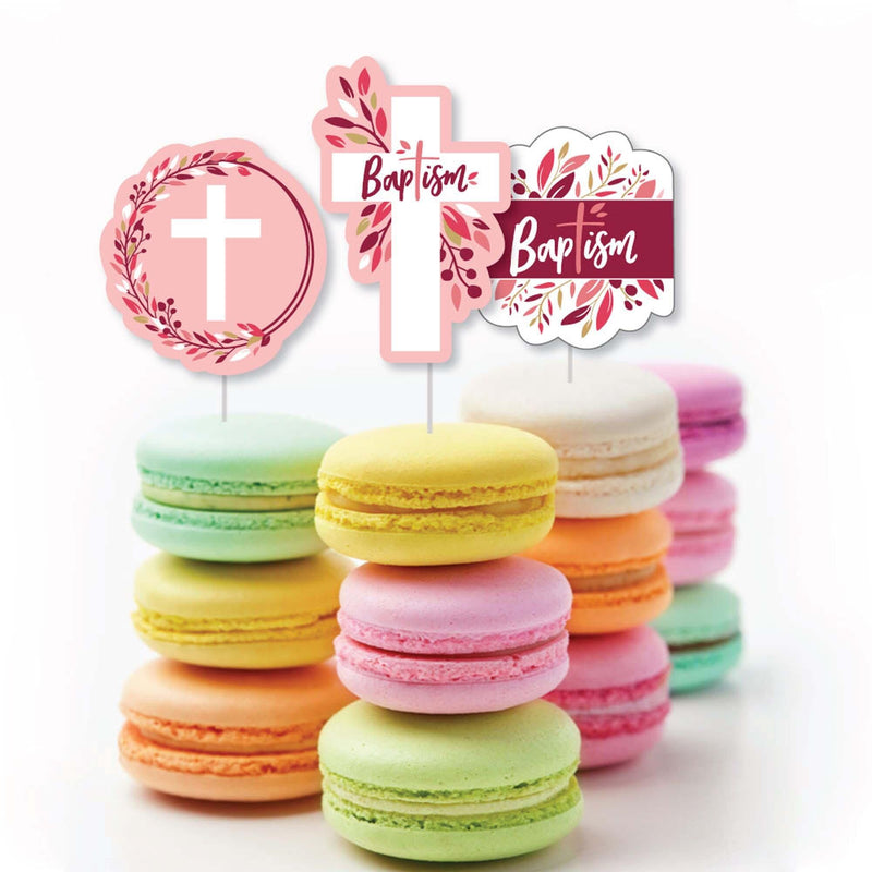 Baptism Pink Elegant Cross - Dessert Cupcake Toppers - Girl Religious Party Clear Treat Picks - Set of 24