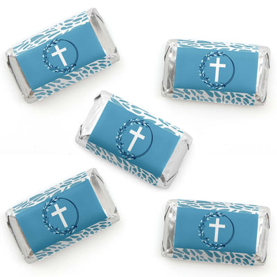 Blue Elegant Cross - Mini Candy Bar Wrapper Stickers - Boy Religious Party Small Favors - 40 Count