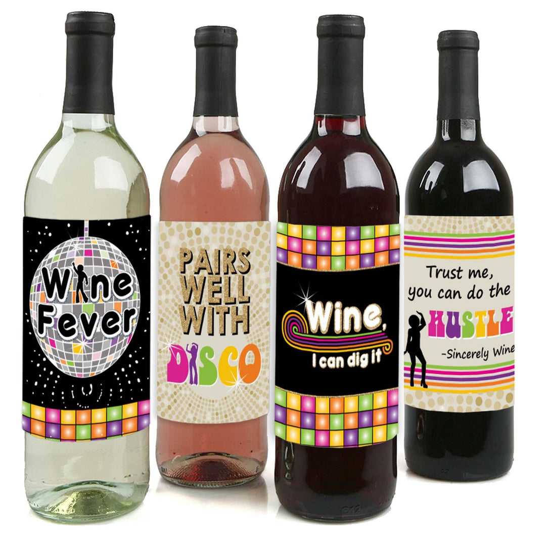 70's Disco - 1970s Party Decorations for Women and Men - Wine Bottle Label Stickers - Set of 4