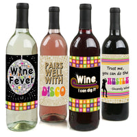 70's Disco - 1970s Party Decorations for Women and Men - Wine Bottle Label Stickers - Set of 4