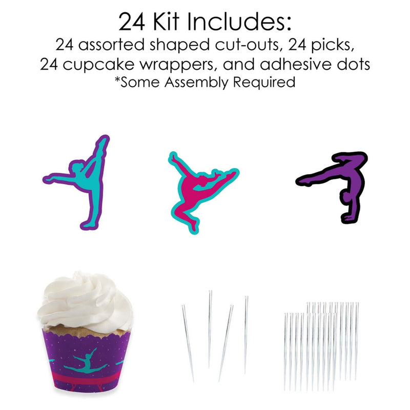 Tumble, Flip & Twirl - Gymnastics - Cupcake Decoration - Birthday Party or Gymnast Party Cupcake Wrappers and Treat Picks Kit - Set of 24