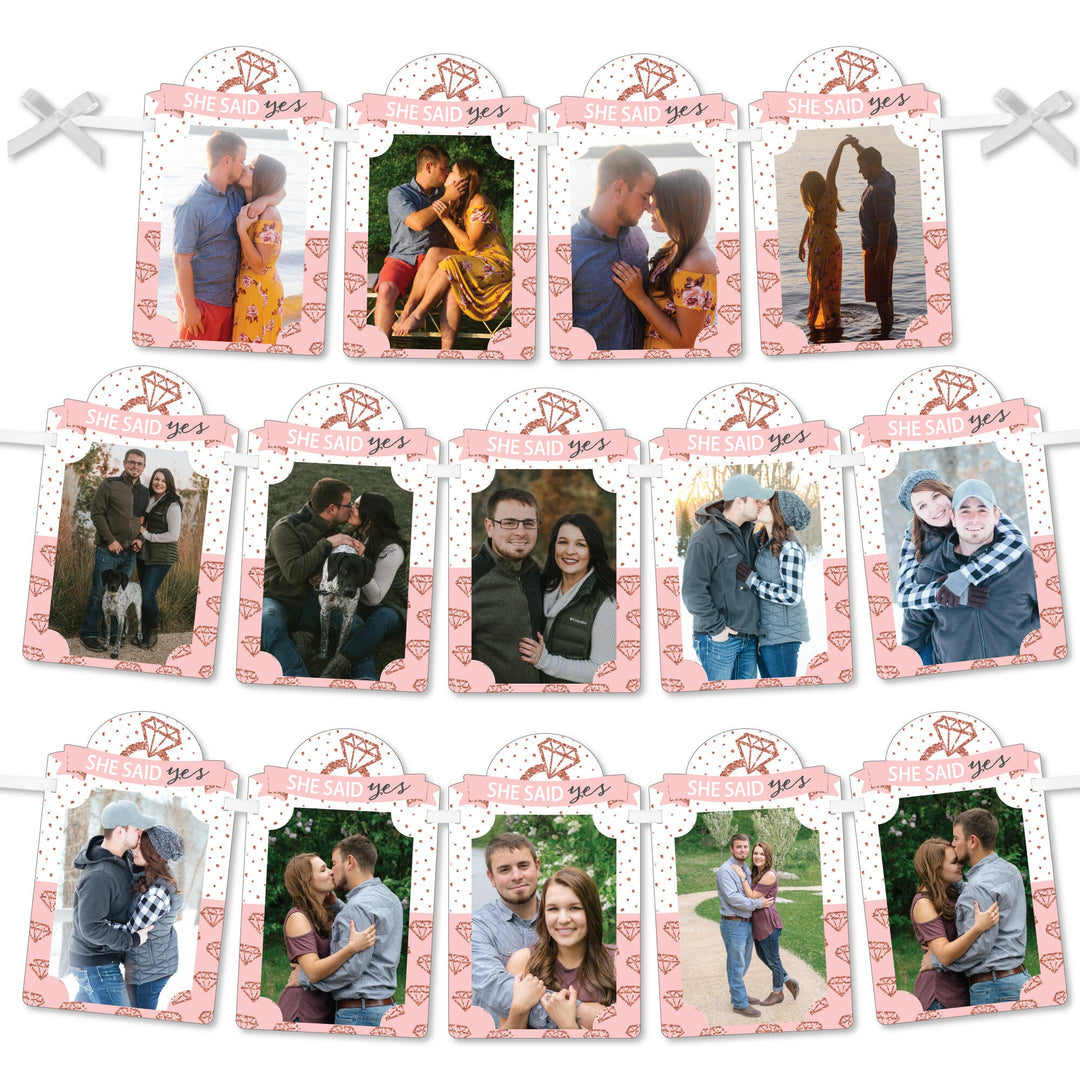 A collection of photo banners with rose gold frames, designed for displaying 4x6 photos, with pre-cut corners and slots for stringing ribbon.
