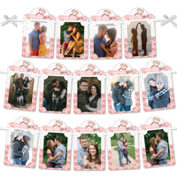 A collection of photo banners with rose gold frames, designed for displaying 4x6 photos, with pre-cut corners and slots for stringing ribbon.