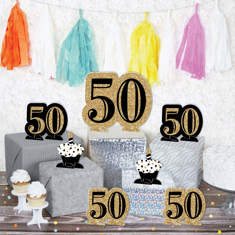 Adult 50th Birthday - Gold - Birthday Party Centerpiece Table Decorations - Tabletop Standups - 7 Pieces