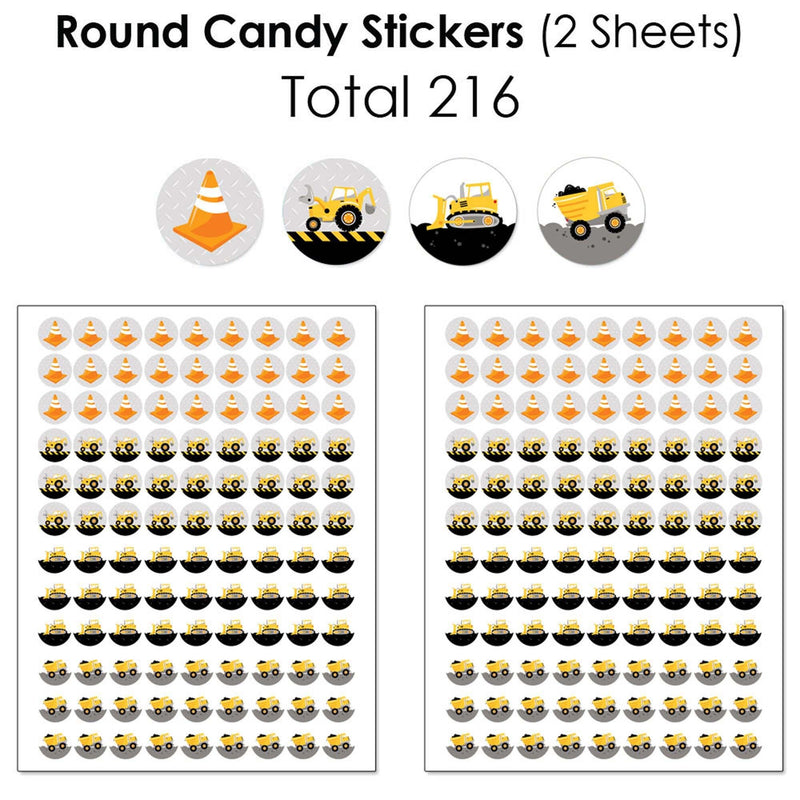 Dig It - Construction Party Zone - Mini Candy Bar Wrappers, Round Candy Stickers and Circle Stickers - Baby Shower or Birthday Party Candy Favor Sticker Kit - 304 Pieces