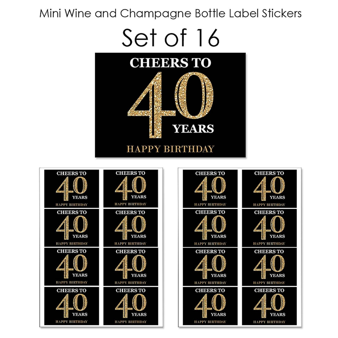 Adult 40th Birthday - Gold - Mini Wine and Champagne Bottle Label Stickers - Birthday Party Favor Gift - For Women and Men - Set of 16