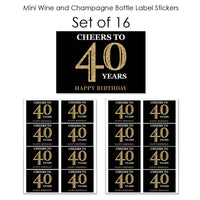 Adult 40th Birthday - Gold - Mini Wine and Champagne Bottle Label Stickers - Birthday Party Favor Gift - For Women and Men - Set of 16