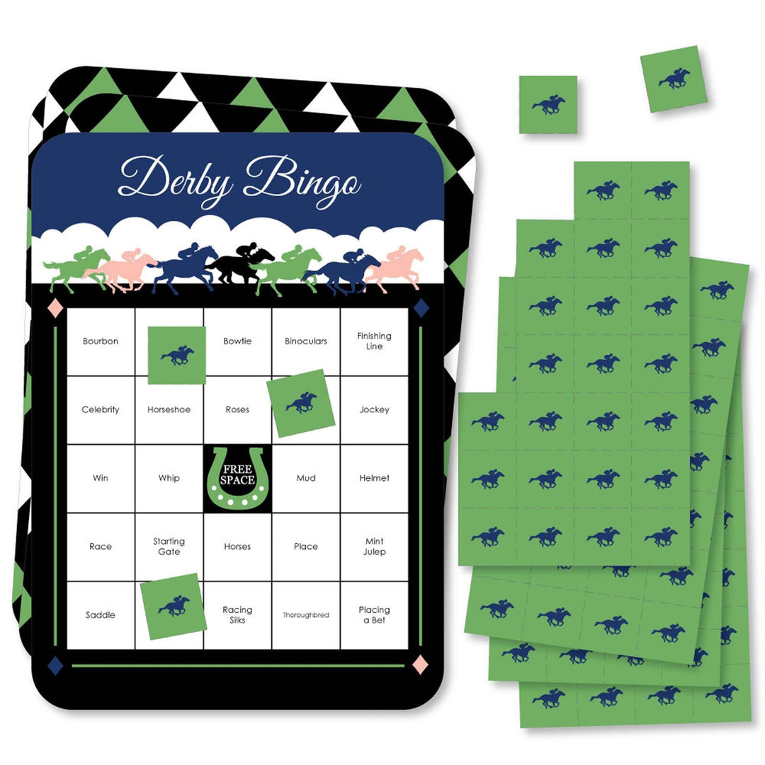 A set of rectangular bingo cards with Kentucky Horse Derby theme, including markers and a call sheet.