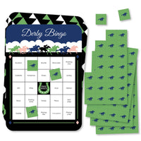 A set of rectangular bingo cards with Kentucky Horse Derby theme, including markers and a call sheet.