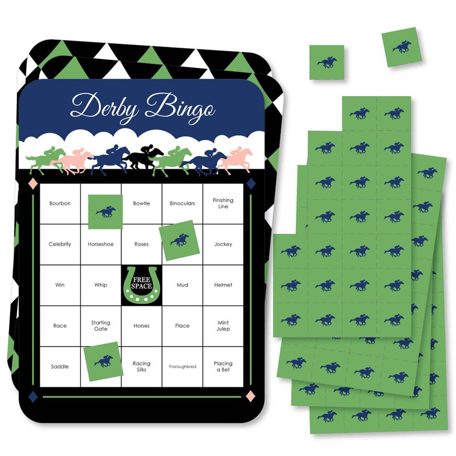 A set of rectangular bingo cards with Kentucky Horse Derby theme, including markers and a call sheet.