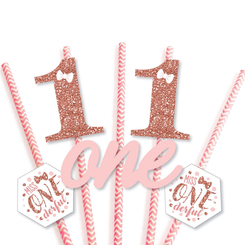 1st Birthday Little Miss Onederful - Paper Straw Decor - Girl First Birthday Party Striped Decorative Straws - Set of 24