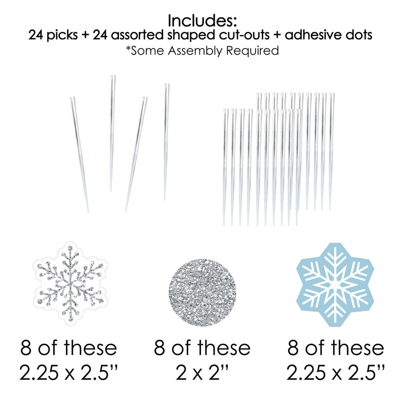 Winter Wonderland - Dessert Cupcake Toppers - Snowflake Holiday Party & Winter Wedding Clear Treat Picks - Set of 24