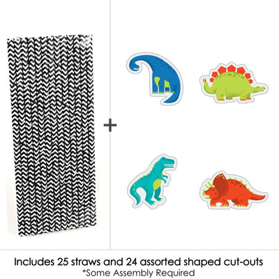 Roar Dinosaur - Paper Straw Decor - Dino Mite T-Rex Baby Shower or Birthday Party Striped Decorative Straws - Set of 24