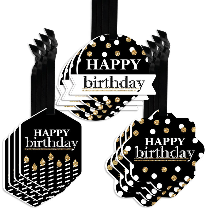 Adult Happy Birthday - Gold - Assorted Hanging Birthday Party Favor Tags - Gift Tag Toppers - Set of 12