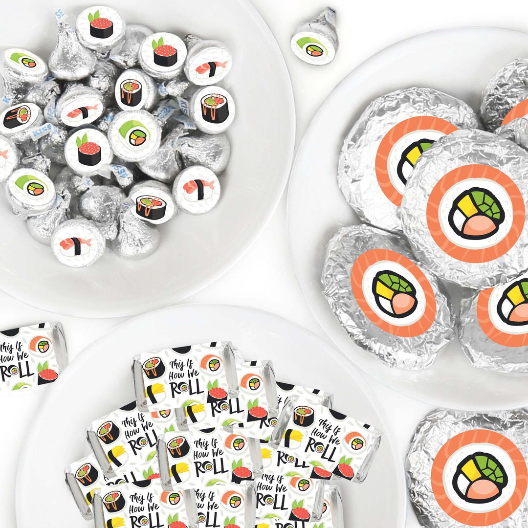 Let's Roll - Sushi - Mini Candy Bar Wrappers, Round Candy Stickers and Circle Stickers - Japanese Party Candy Favor Sticker Kit - 304 Pieces