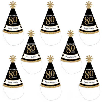 Adult 80th Birthday - Gold - Cone Birthday Party Hats for Adults - Set of 8 (Standard Size)