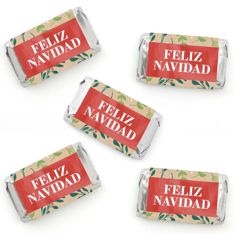 Feliz Navidad - Mini Candy Bar Wrapper Stickers - Holiday and Spanish Christmas Party Small Favors - 40 Count
