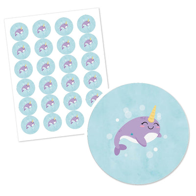 Narwhal Girl - Personalized Under The Sea Baby Shower or Birthday Party Circle Sticker Labels - 24 ct