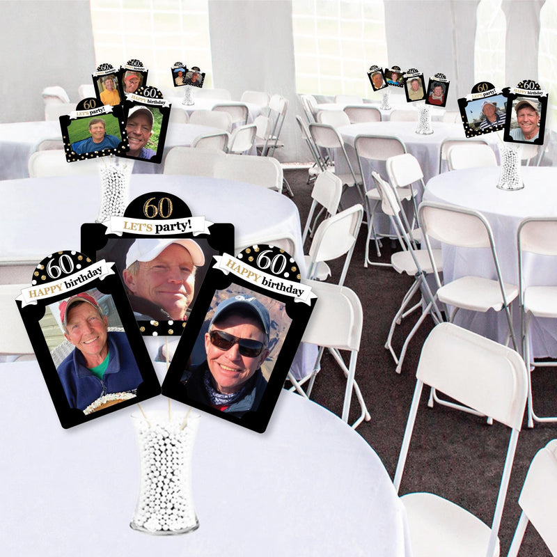 Adult 60th Birthday - Gold - Birthday Party Picture Centerpiece Sticks - Photo Table Toppers - 15 Pieces
