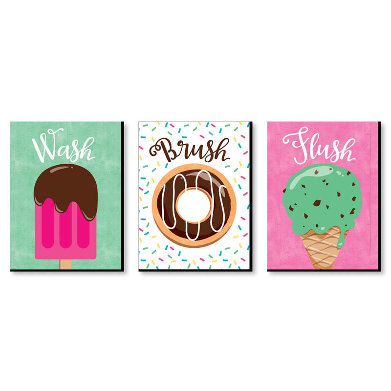 Sweet Shoppe - Kids Bathroom Rules Wall Art - 7.5 x 10 inches - Set of 3 Signs - Wash, Brush, Flush