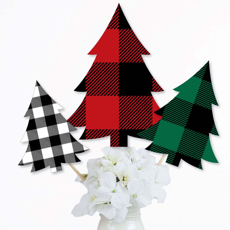 Holiday Plaid Trees - Buffalo Plaid Christmas Party Centerpiece Sticks - Table Toppers - Set of 15