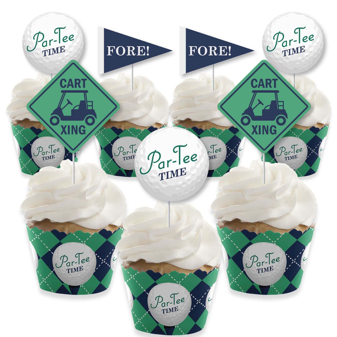 A set of cupcake decorations with golf-themed cupcake wrappers and treat picks displaying phrases such as 'Par-Tee Time' and 'FORE!' and images of golf carts.