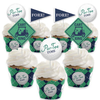 A set of cupcake decorations with golf-themed cupcake wrappers and treat picks displaying phrases such as 'Par-Tee Time' and 'FORE!' and images of golf carts.