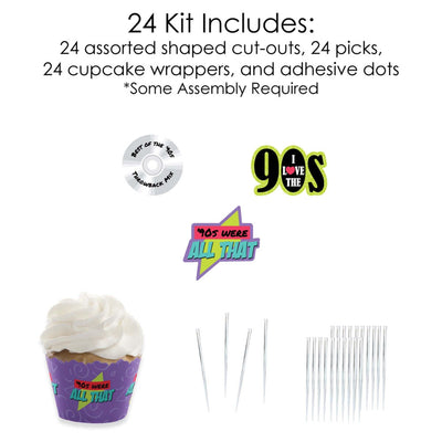 90's Throwback - Cupcake Decorations - 1990s Party Cupcake Wrappers and Treat Picks Kit - Set of 24