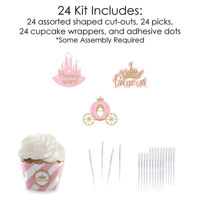 Little Princess Crown - Cupcake Decorations - Pink and Gold Princess Baby Shower or Birthday Party Cupcake Wrappers and Treat Picks Kit - Set of 24
