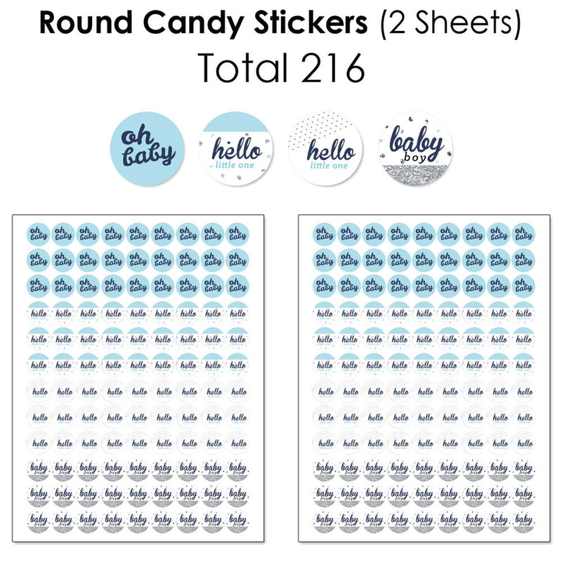 Hello Little One - Blue and Silver - Mini Candy Bar Wrappers, Round Candy Stickers and Circle Stickers - Boy Baby Shower Candy Favor Sticker Kit - 304 Pieces