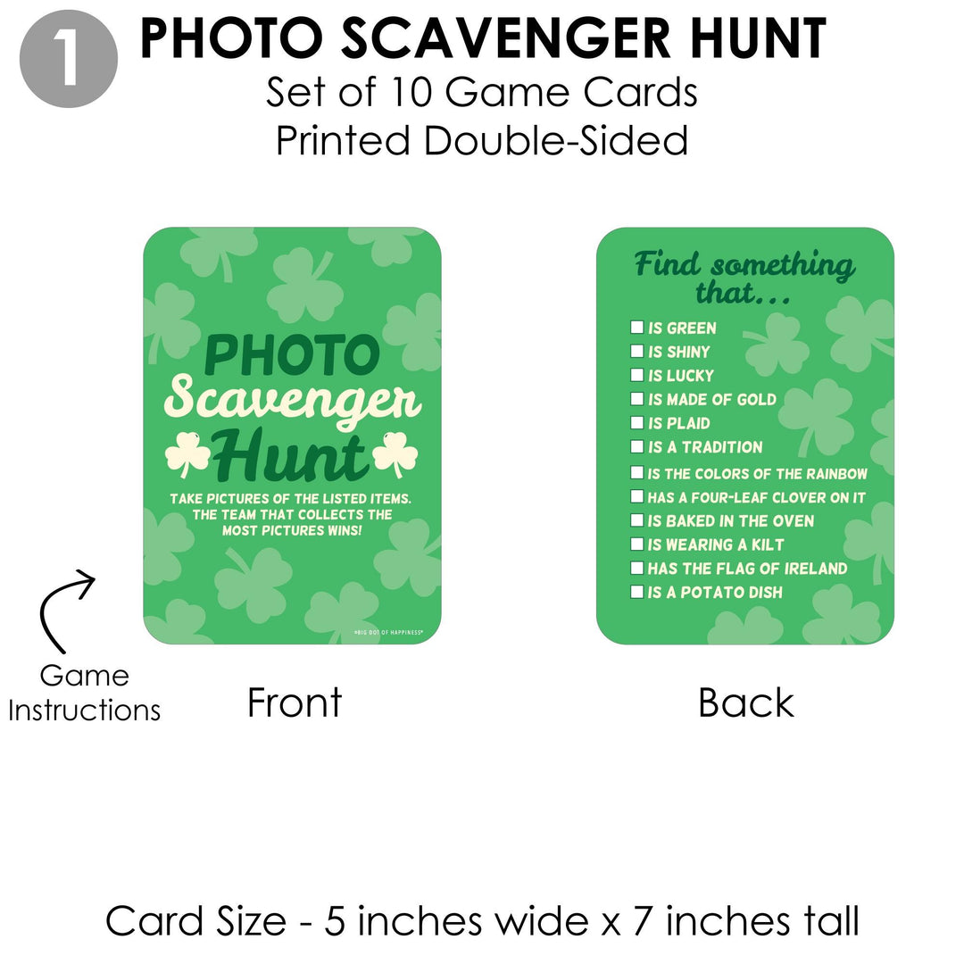 St. Patrick's Day - 4 Saint Patty's Day Party Games - 10 Cards Each - Photo Scavenger Hunt, What's Your Leprechaun Name, A-Z, Alphabet Code - Gamerific Bundle