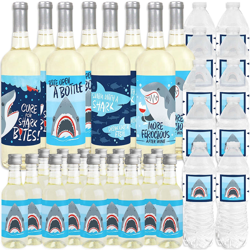 Shark Zone - Mini Wine Bottle Labels, Wine Bottle Labels and Water Bottle Labels - Jawsome Shark Party or Birthday Party Decorations - Beverage Bar Kit - 34 Pieces