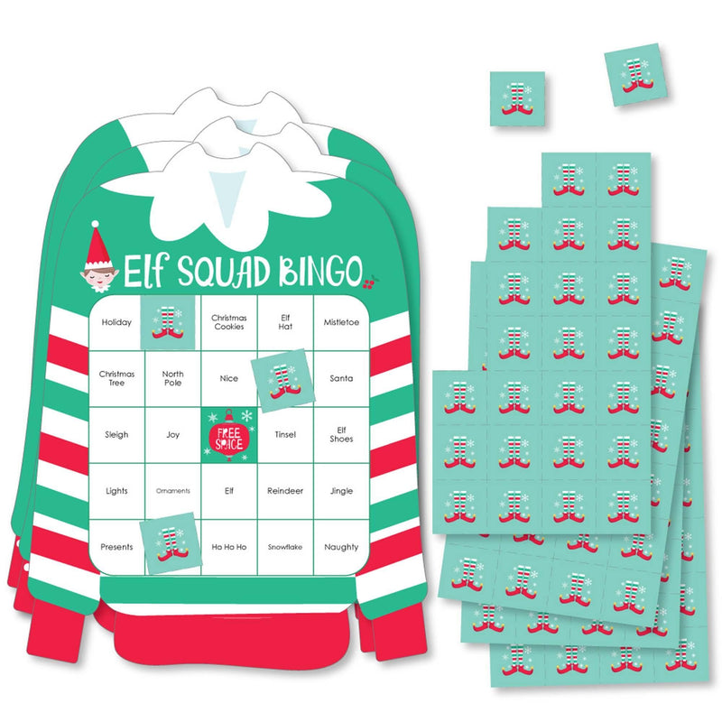 Elf Squad - Bingo Cards and Markers - Kids Elf Christmas and Birthday Party Shaped Bingo Game - Set of 18