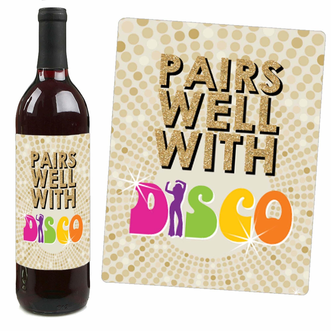70's Disco - 1970s Party Decorations for Women and Men - Wine Bottle Label Stickers - Set of 4
