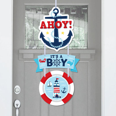 Ahoy It's a Boy - Hanging Porch Nautical Baby Shower Outdoor Decorations - Front Door Decor - 3 Piece Sign